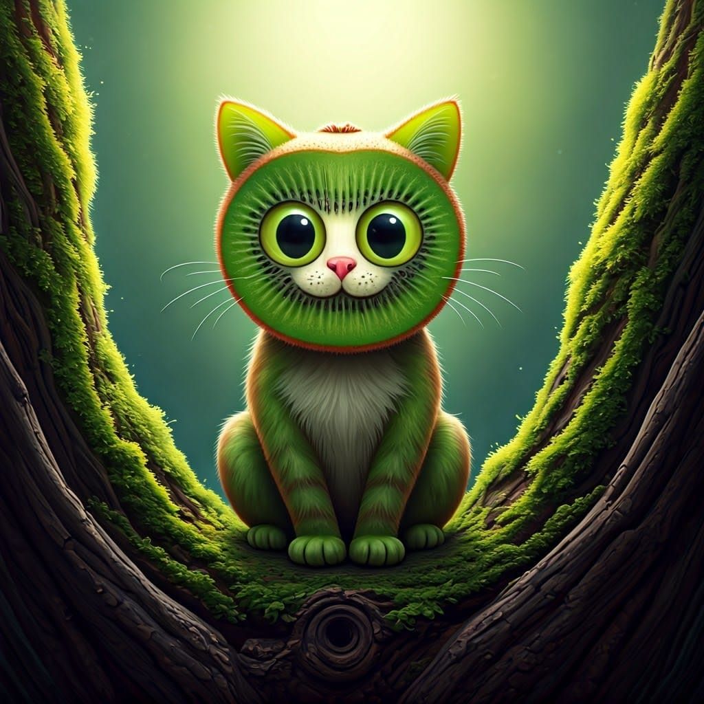 Cheerful Kiwi Cat Sits on Tree Trunk in Vibrant Art