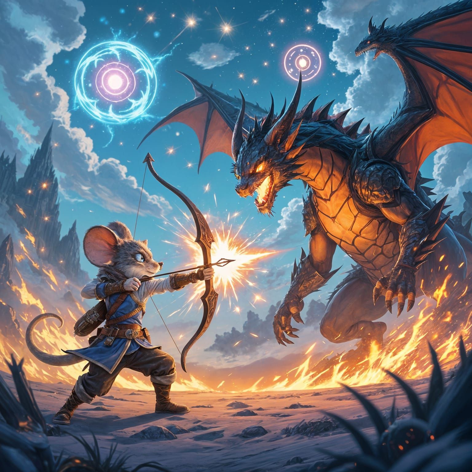 Mouse Adventurer Shoots Light Arrow at Obsidian Dragon