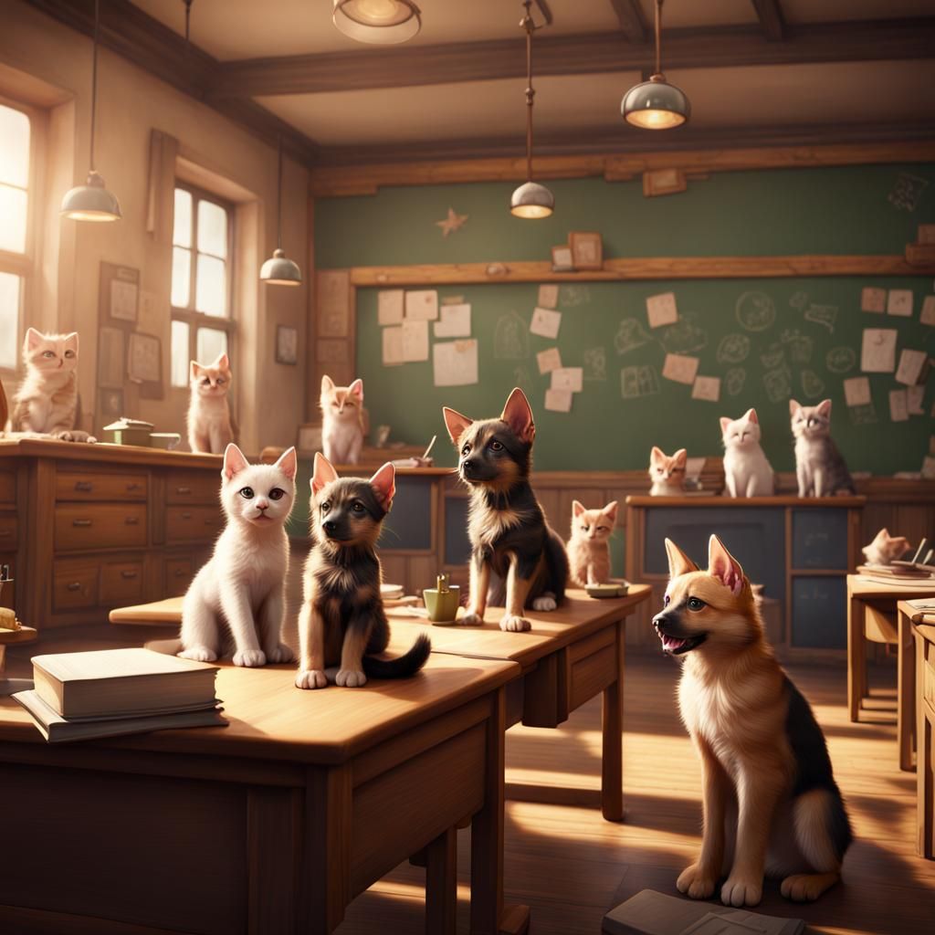 Kitten Classroom Led by German Shepherd, Detailed Digital Ar...