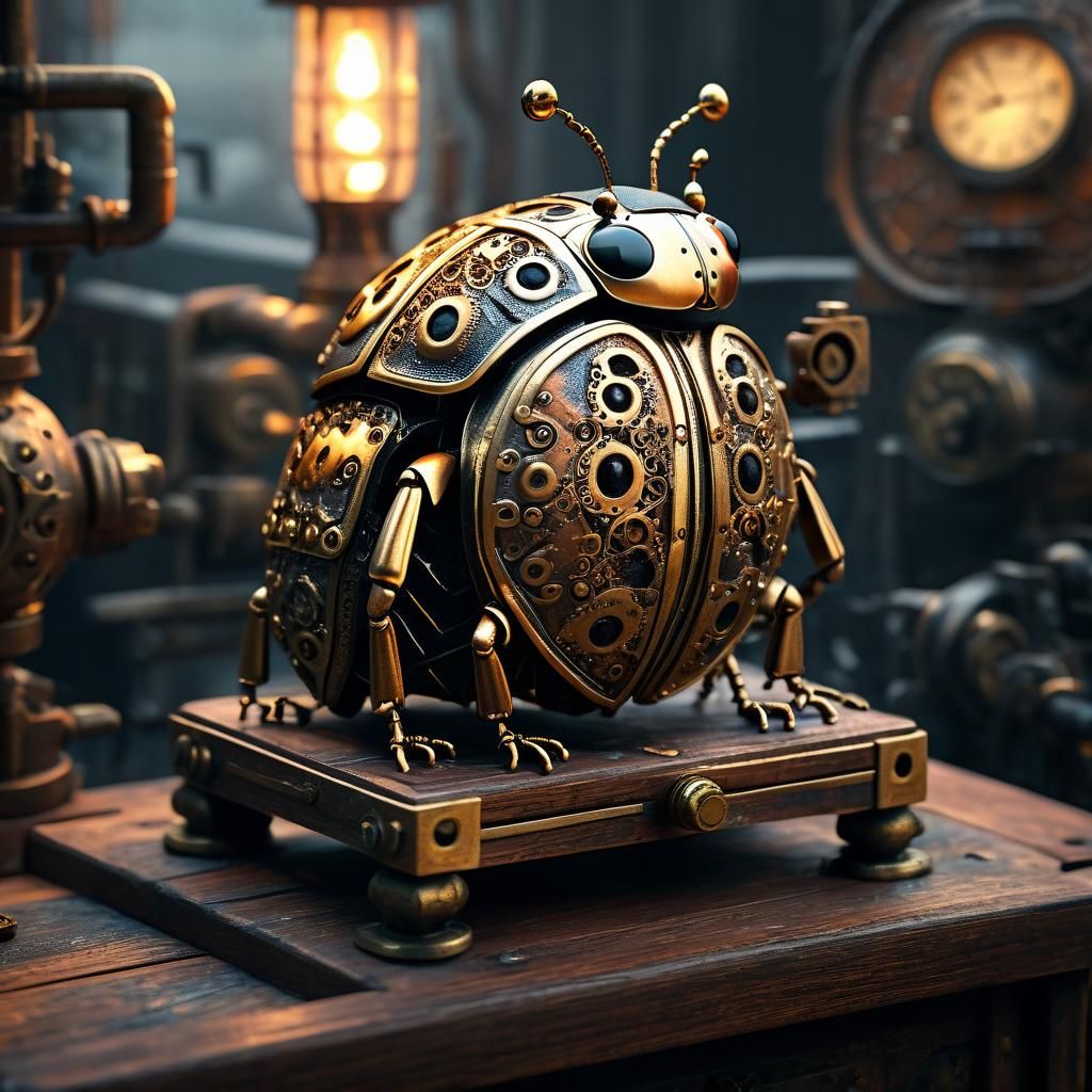 Steampunk Ladybug on Intricate Gearbox