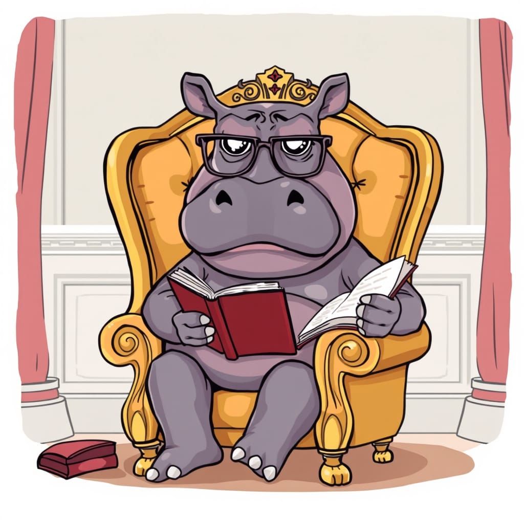 Cartoon Hippo Reading a Novel in a Luxurious Chair