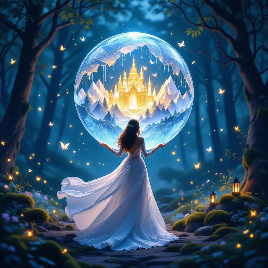 A beautiful lady standing in a twilight glade, gracefully ho...