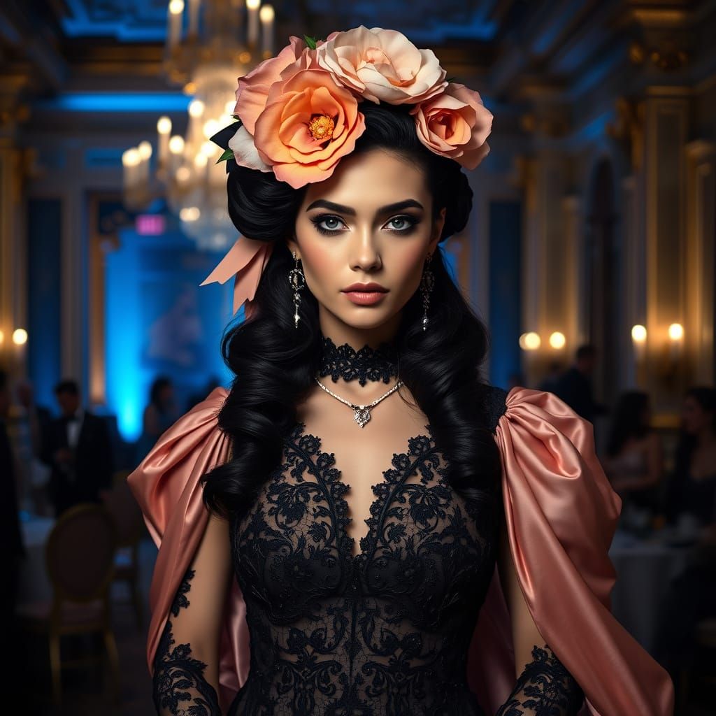 Elegant Woman in Black Gown at Opulent Ball