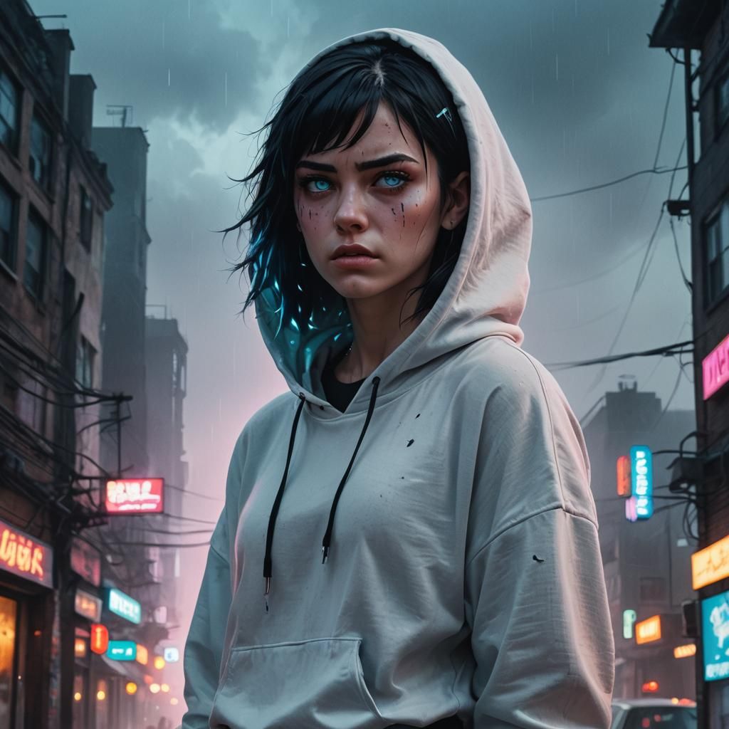 Edgy Girl in Dark Fantasy Neon Cityscape