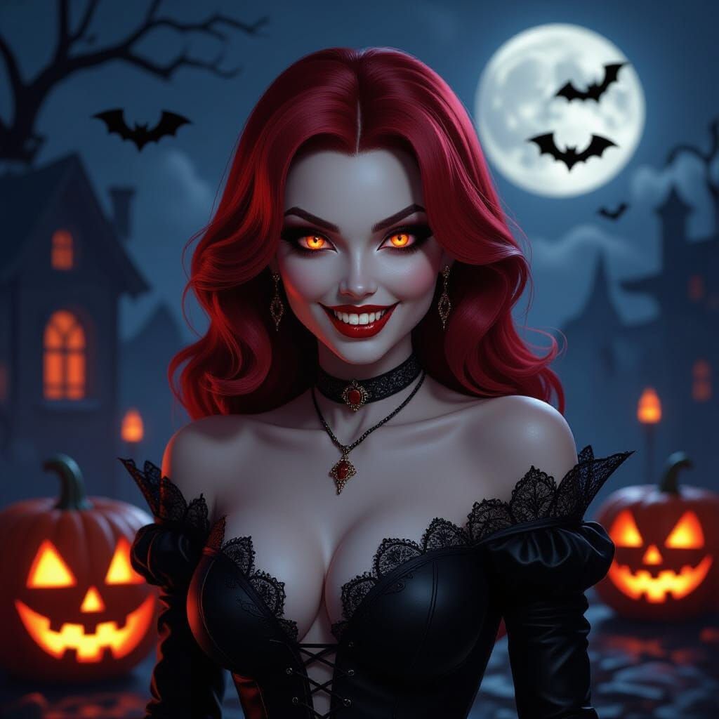 Femme Fatale Vampire Amidst Halloween Revelry