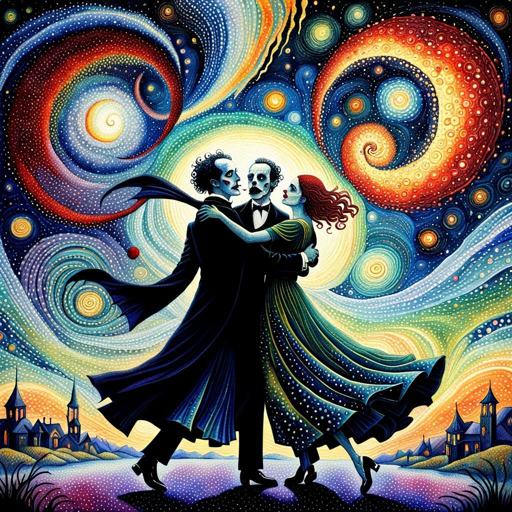 dancing vampires drinking blood art deco kinetic pointillism lyrical abstraction splash art surrealism synthetism storyb...