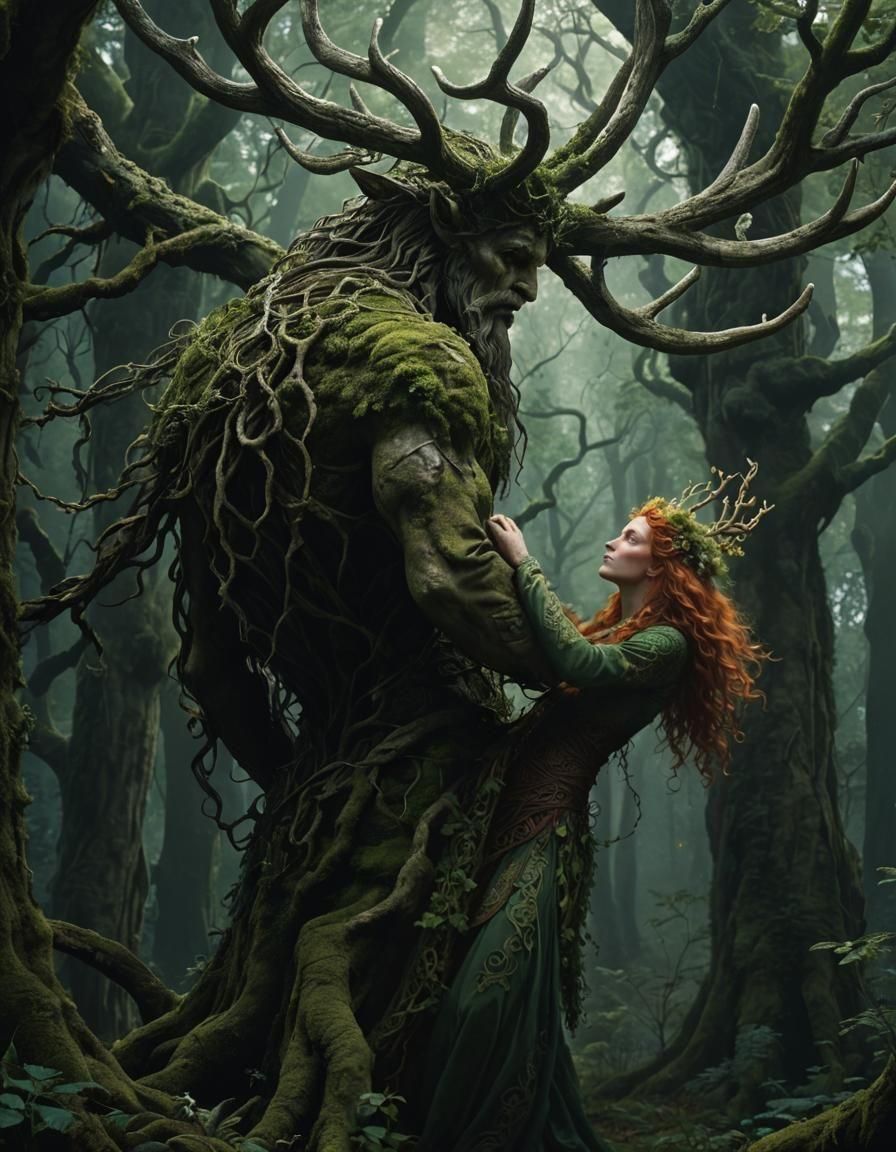 Celtic Maiden and Cernunnos in Forest, Digital Art
