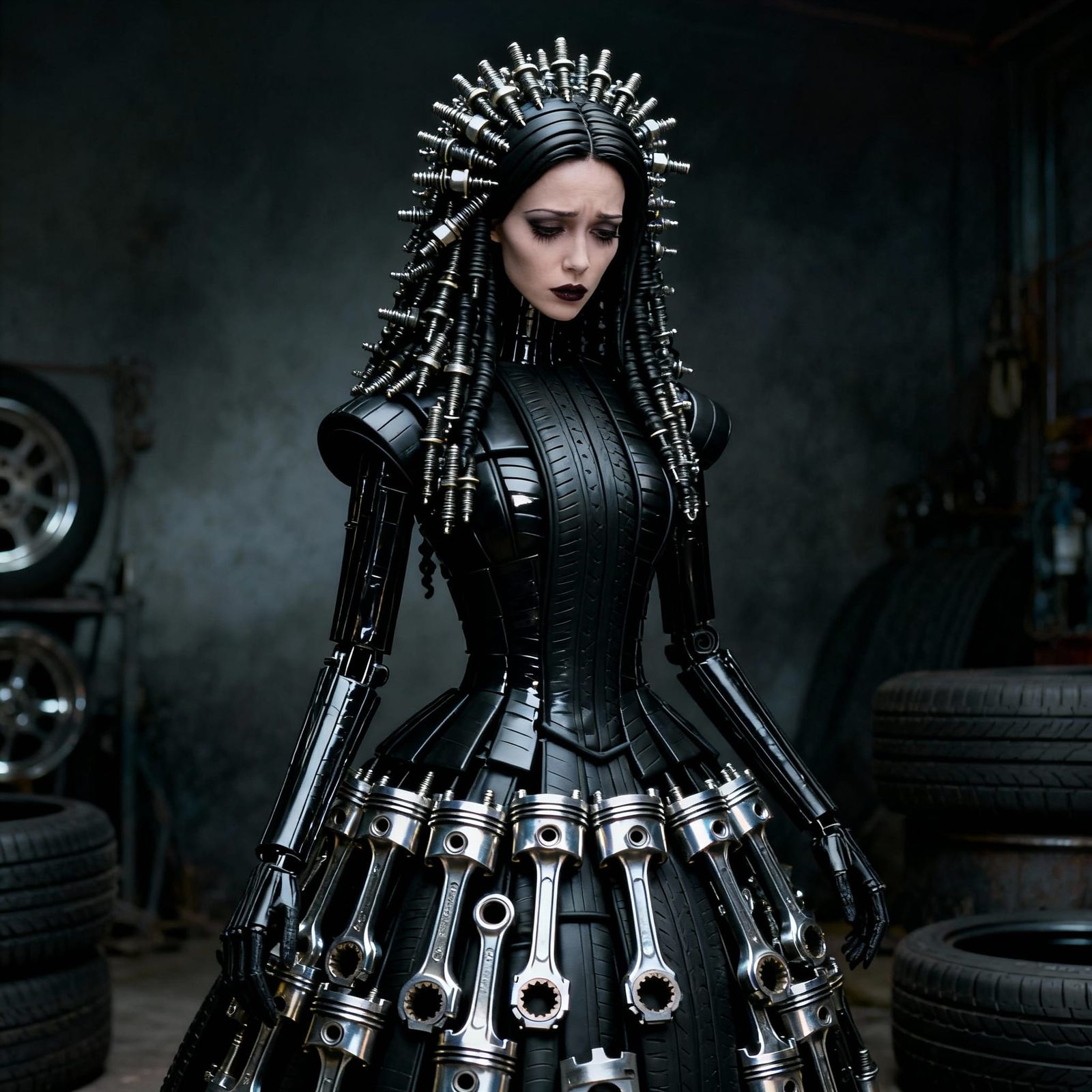 Surreal Rubber Tire Woman Portrait in Tim Burton Style