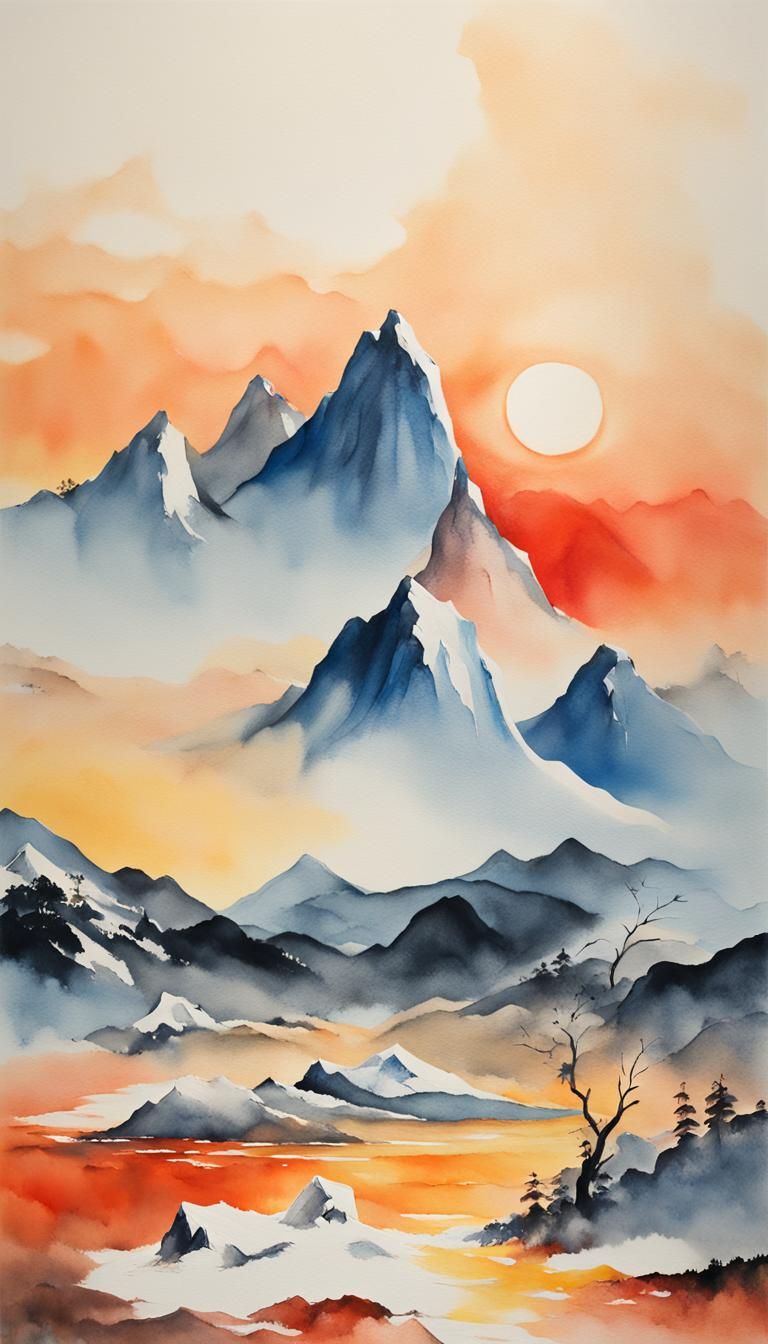 Minimalist Ice Mountain Sunset in Gouache Watercolor