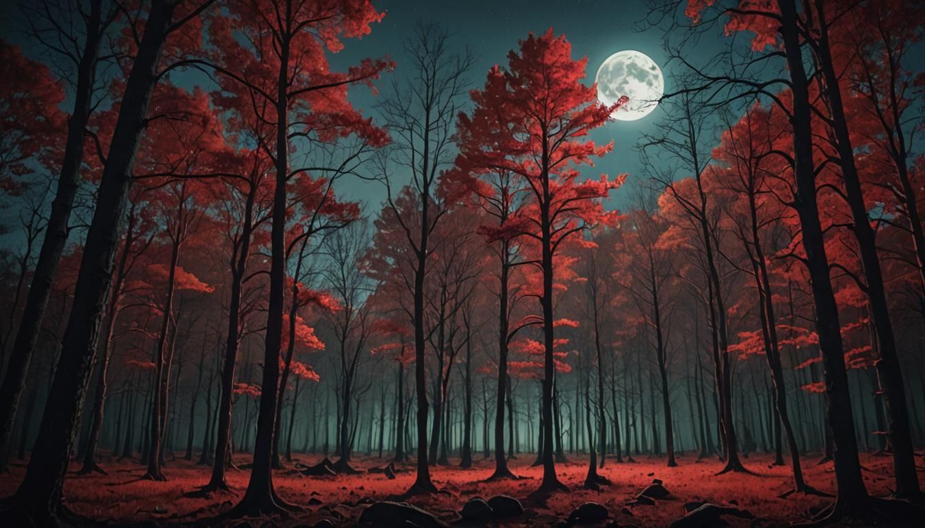 Dramatic Forest at Night Under Full Moon