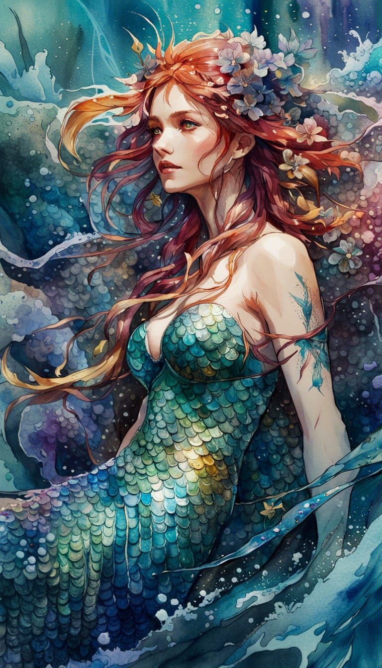 Anime Mermaid Watercolor Digital Illustration