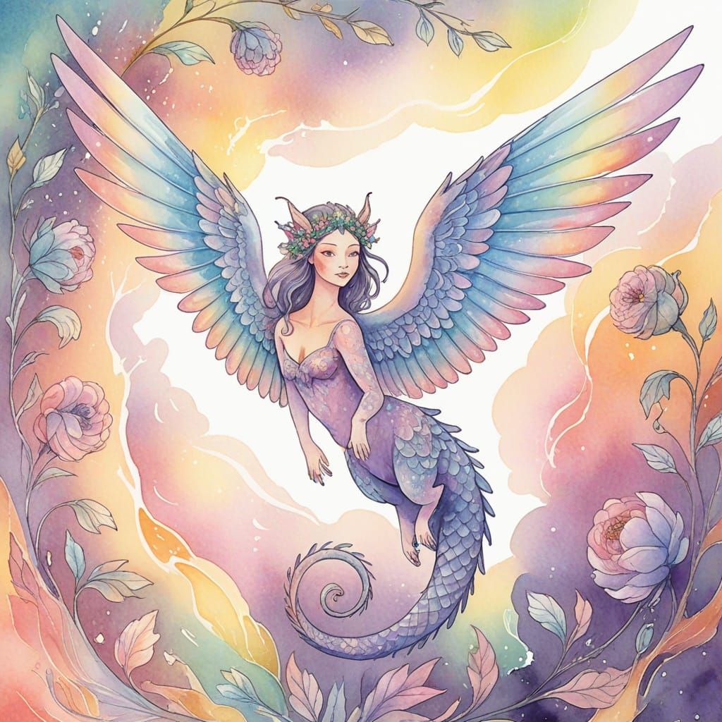 Magical Chimera with Iridescent Wings in Watercolor