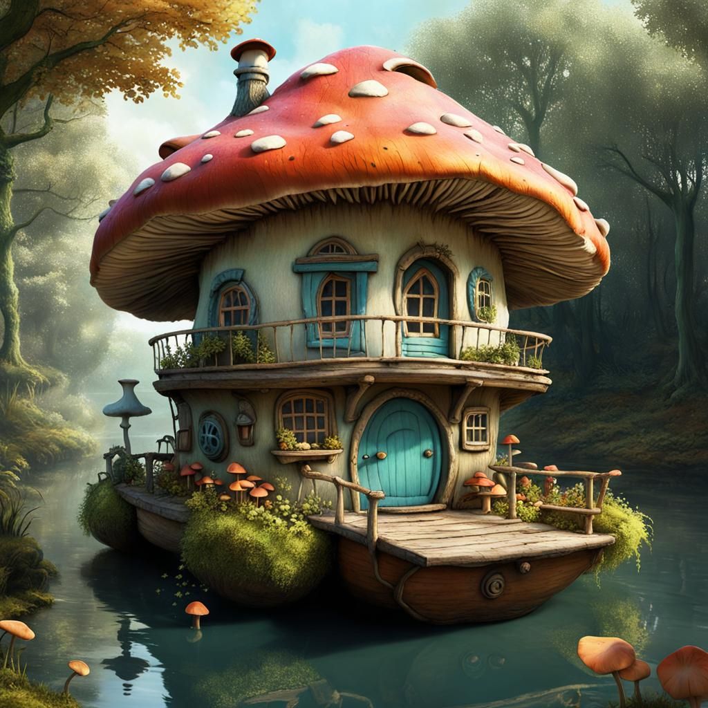 Whimsical Mushroom Houseboat in Claymation Style