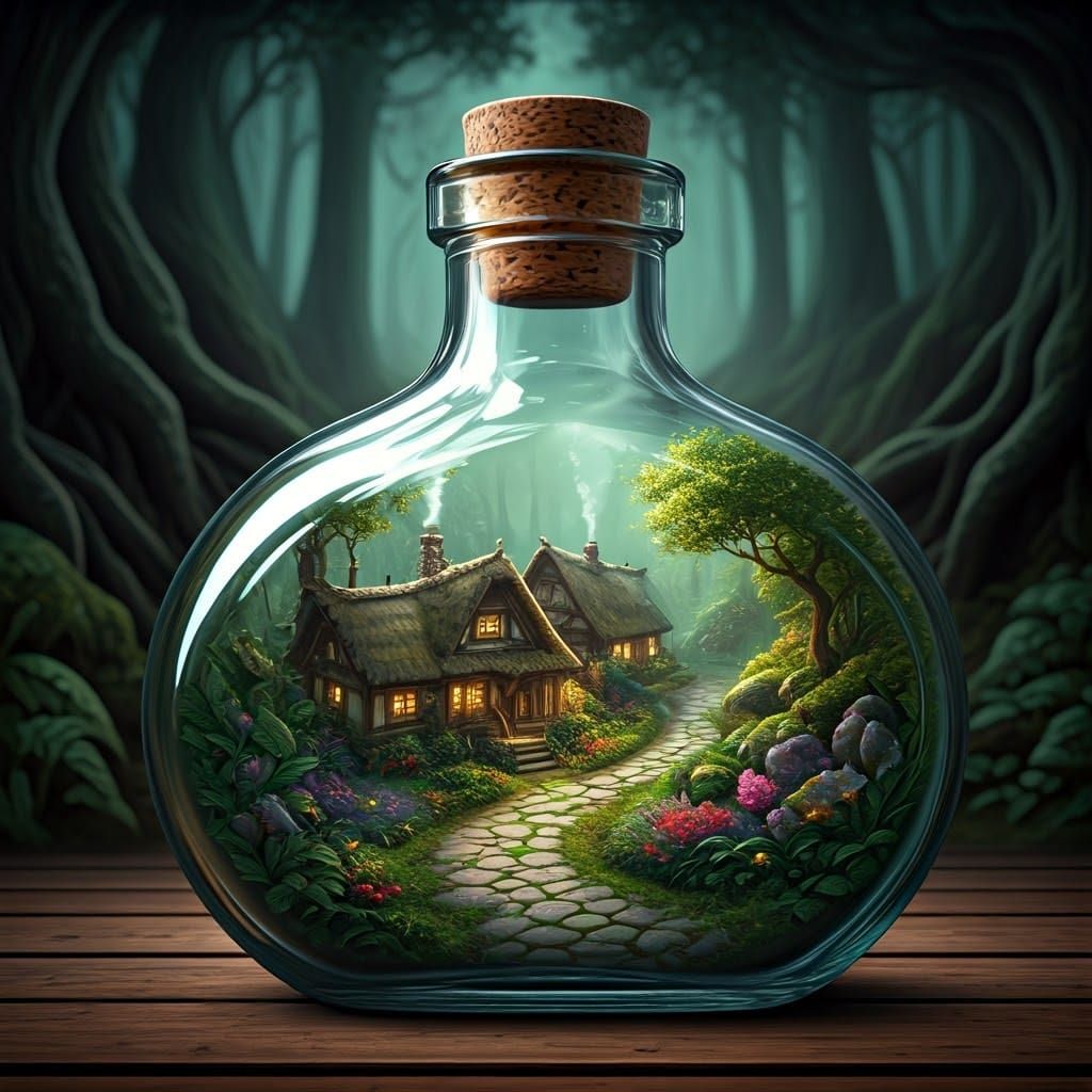 Miniature Village Encapsulated in Glass Bottle