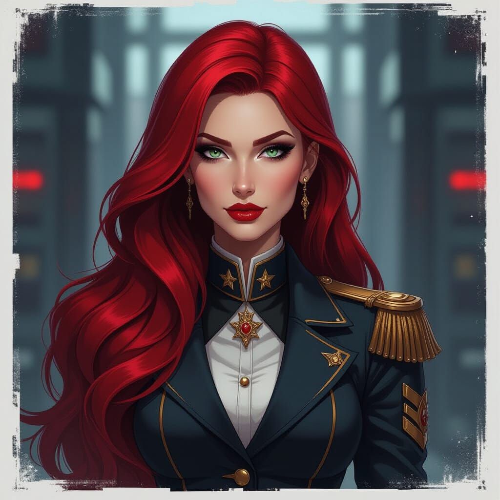 Crimson Haired Officer in Dieselpunk Command Office