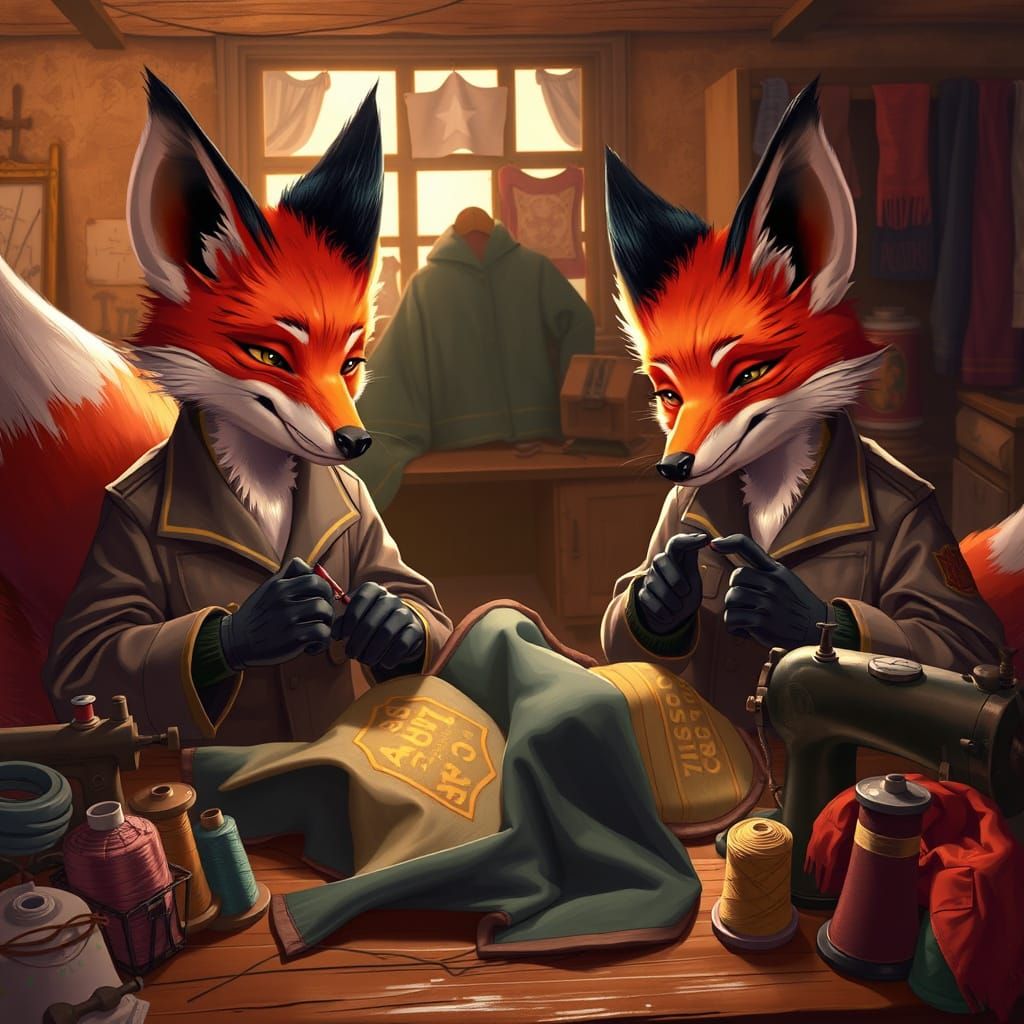 Anthropomorphic Foxes Sew Charity Uniforms in Whimsical Styl...