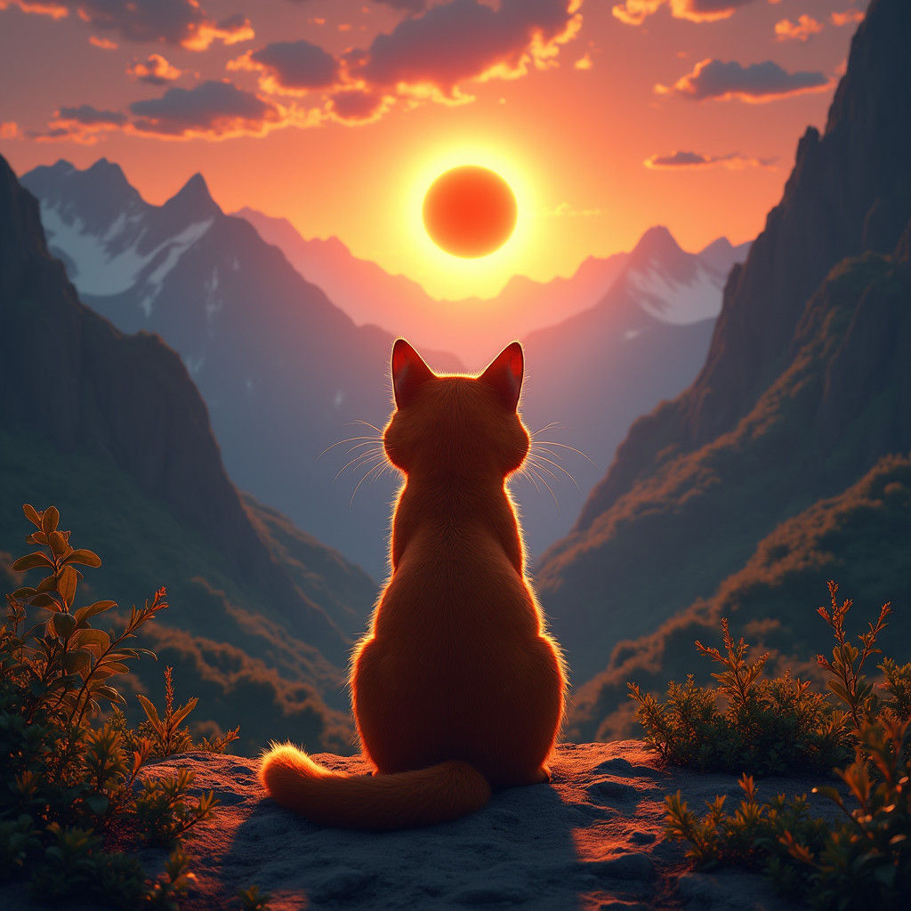 Orange Tabby Observes Eclipse in Fantasy Landscape