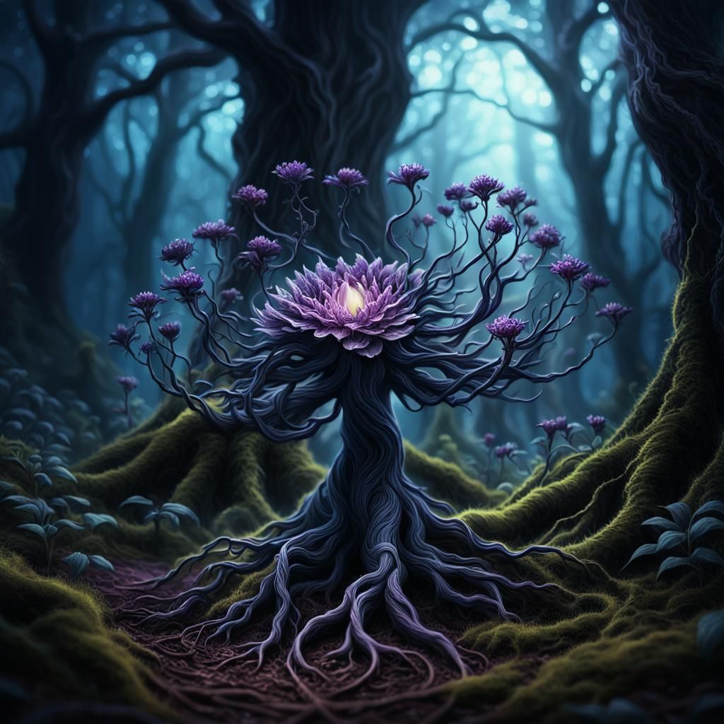 Ornate Flower Blooms in Dark Fantasy Forest