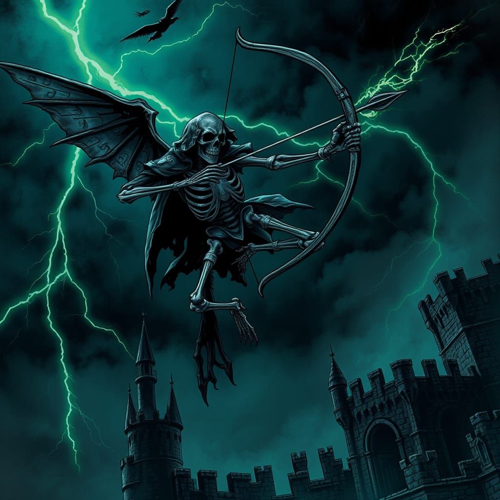 Gothic Skeleton Archer Soars Through Stormy Night Sky