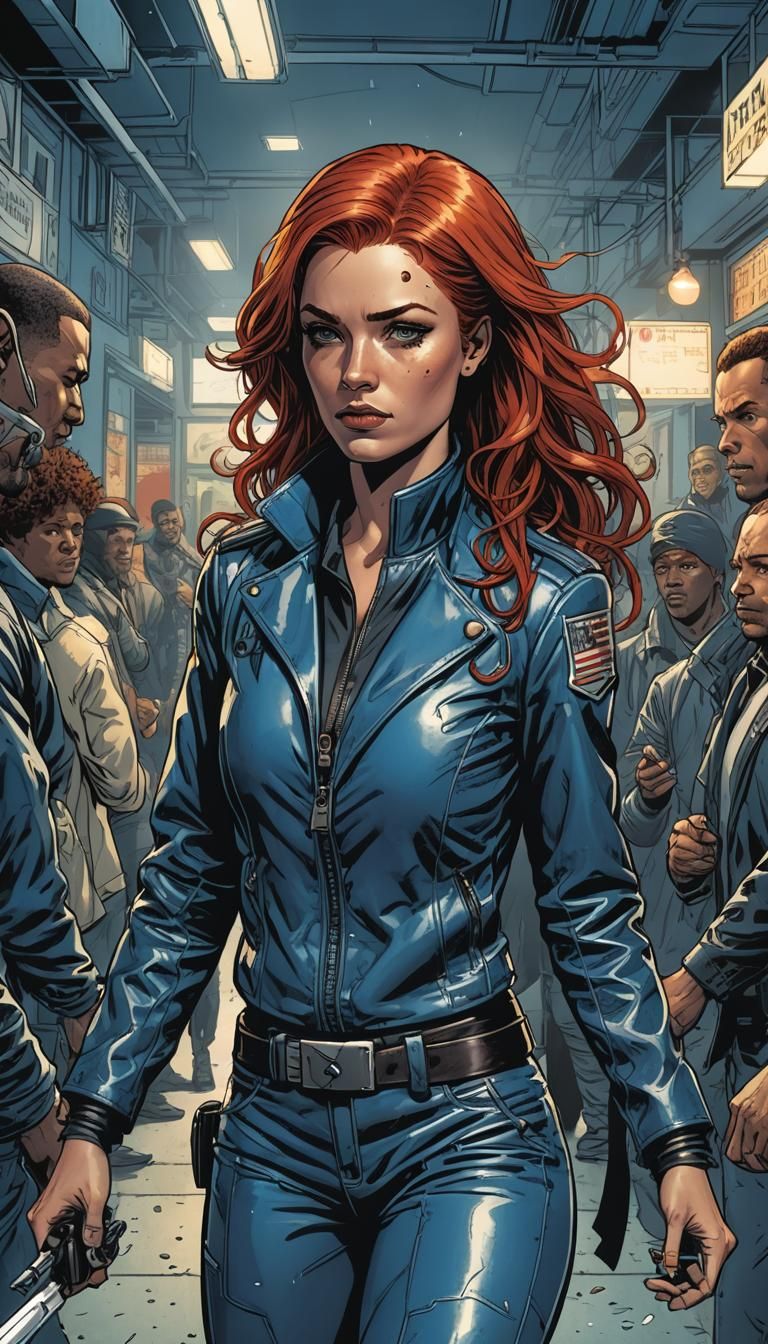 Redhead in Blue Suit: Comic Book Art