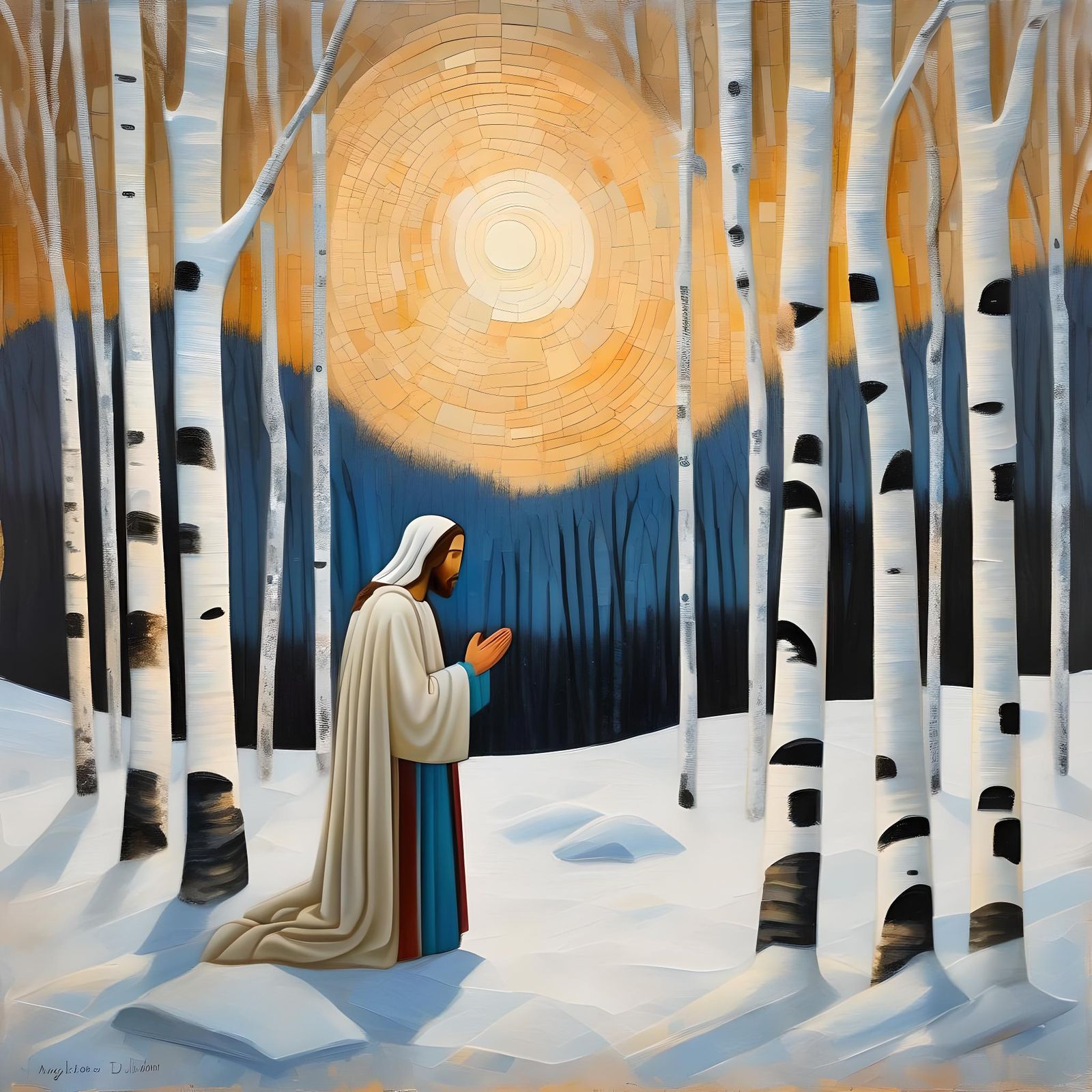 Jesus Prays in Winter: Luminous Mixed Media Collage