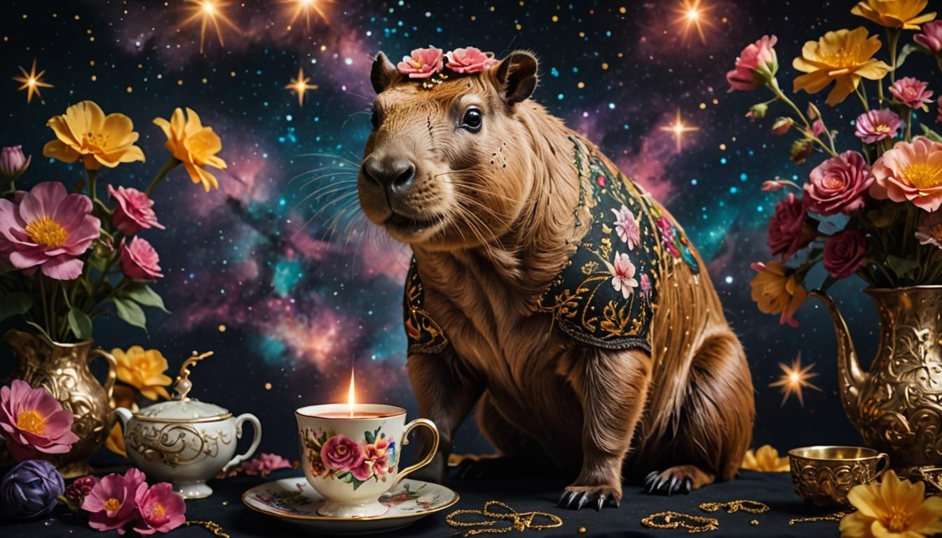 Surreal Capybara in Opulent Cosmic Scene