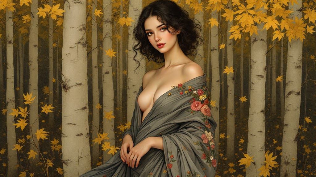 Art Nouveau Portrait: Woman in Autumn Birch Forest