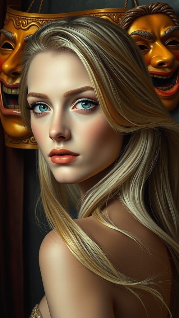 Elegant Blonde Woman Contemplates Masks in Whimsical Artisti...