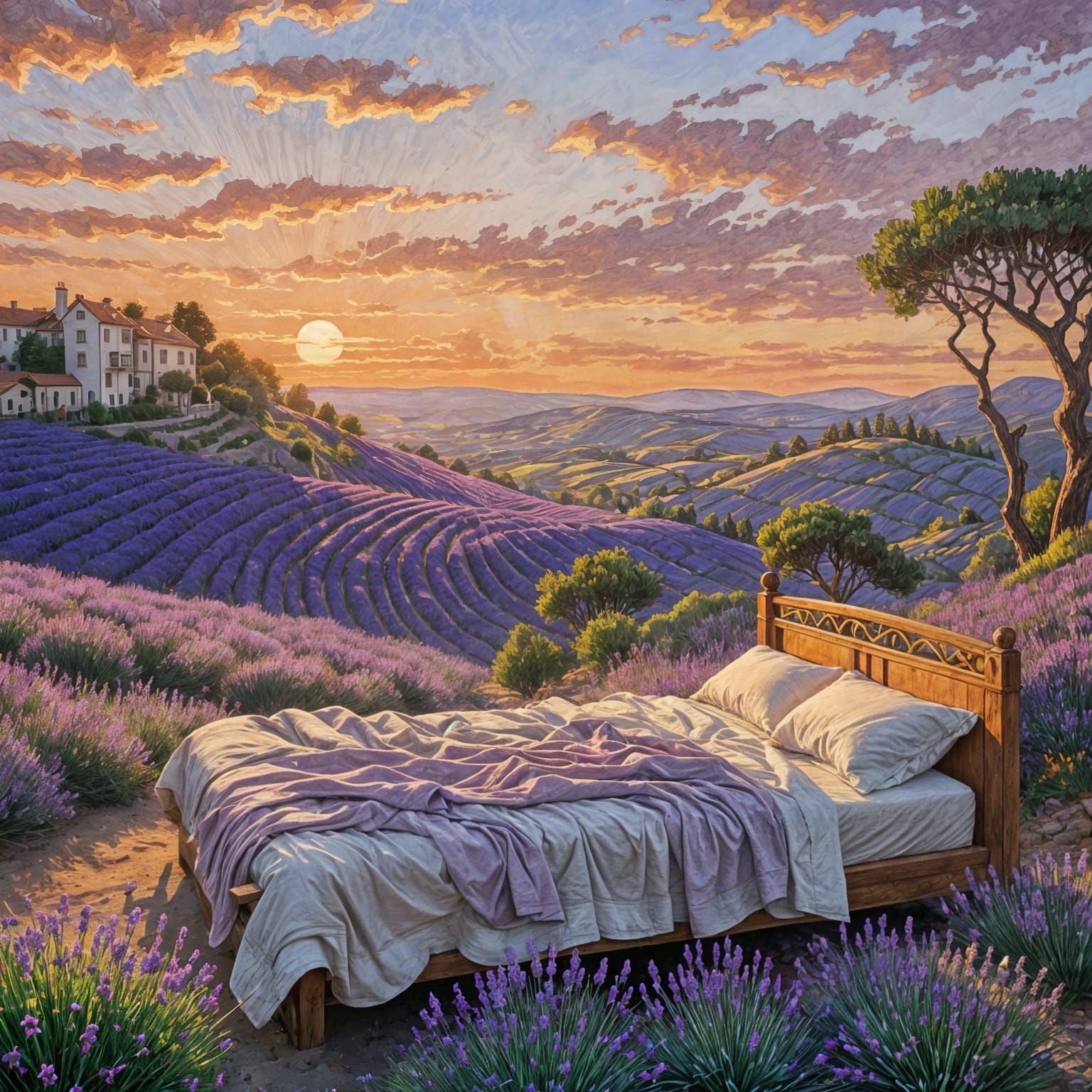 Lavender Field Bed in Art Nouveau Style