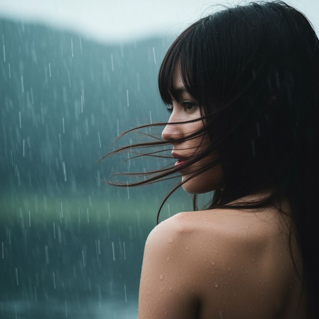 Woman Standing in Rain and Wind