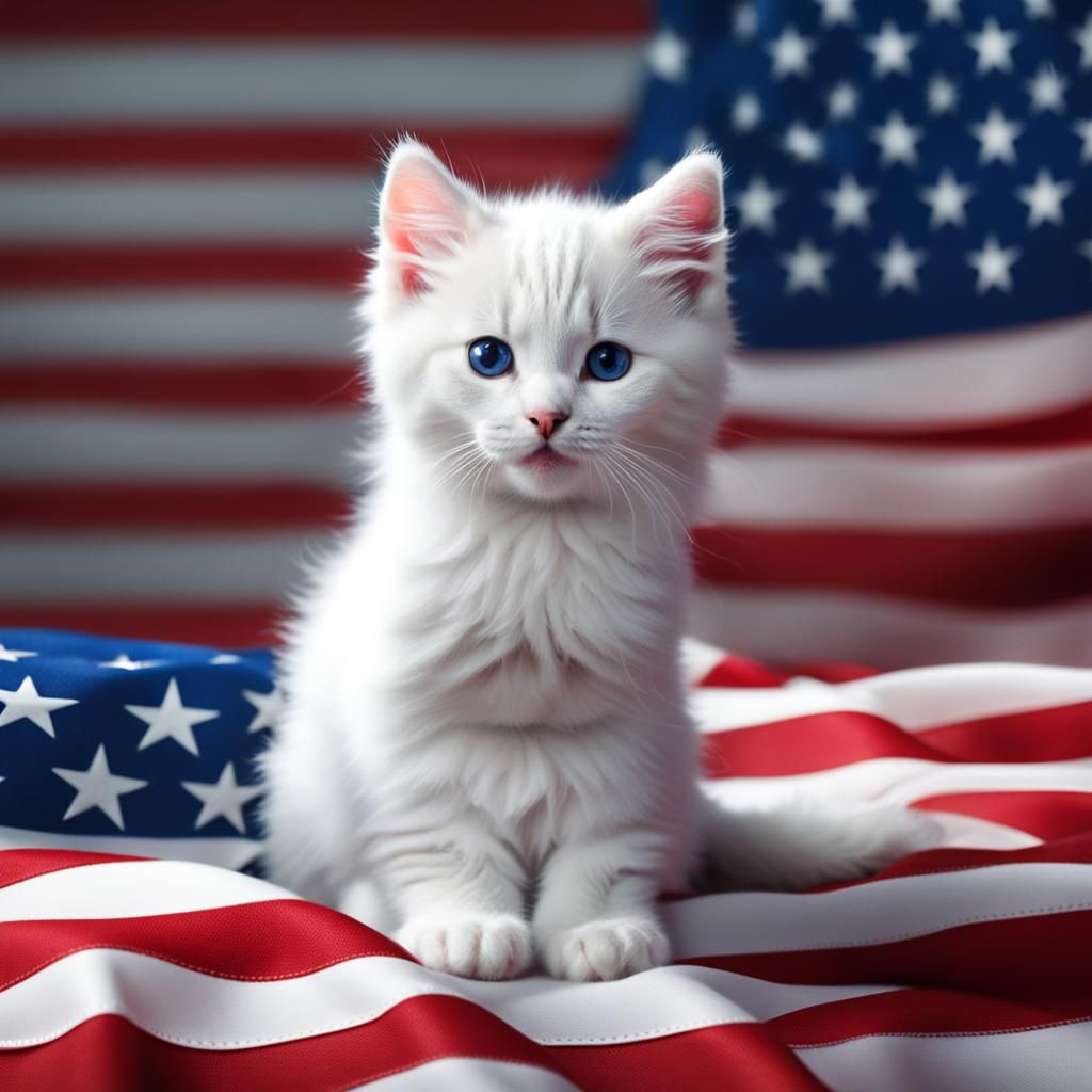 Cute White Kitten with American Flag, 8K