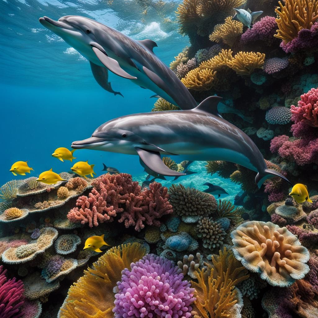 Dolphins Playing Over Colorful Coral Reef