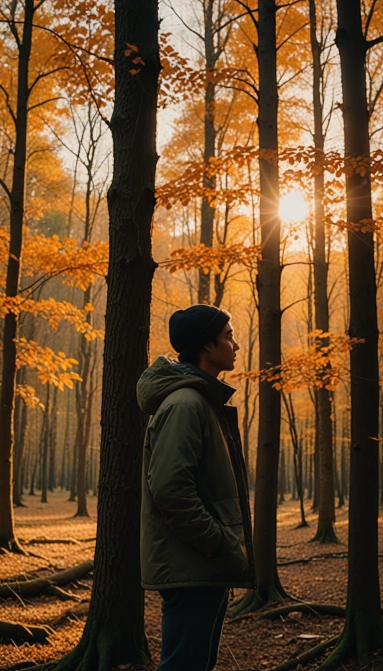 Man in Serene Forest at Sunset: Cinematic Film Still