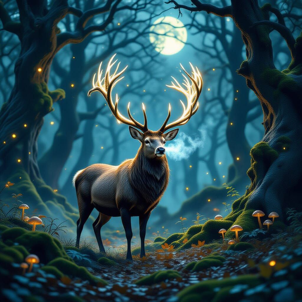 Majestic Stag With Crystal Antlers in Ethereal Forest