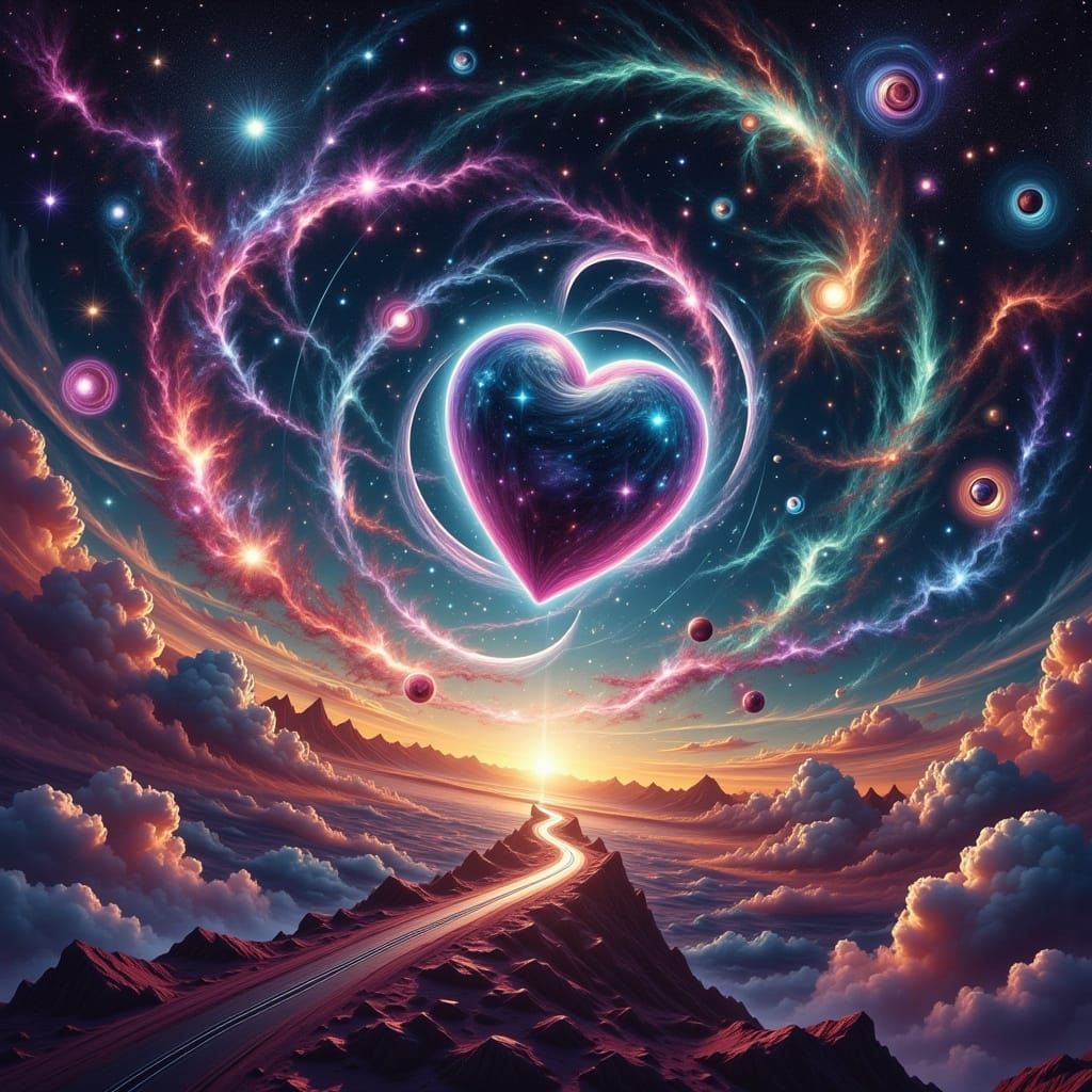 Cosmic Heart Dance in Vibrant, Ethereal Landscapes