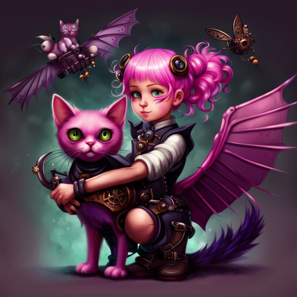 Girl with Bat Cat and Steampunk Engine