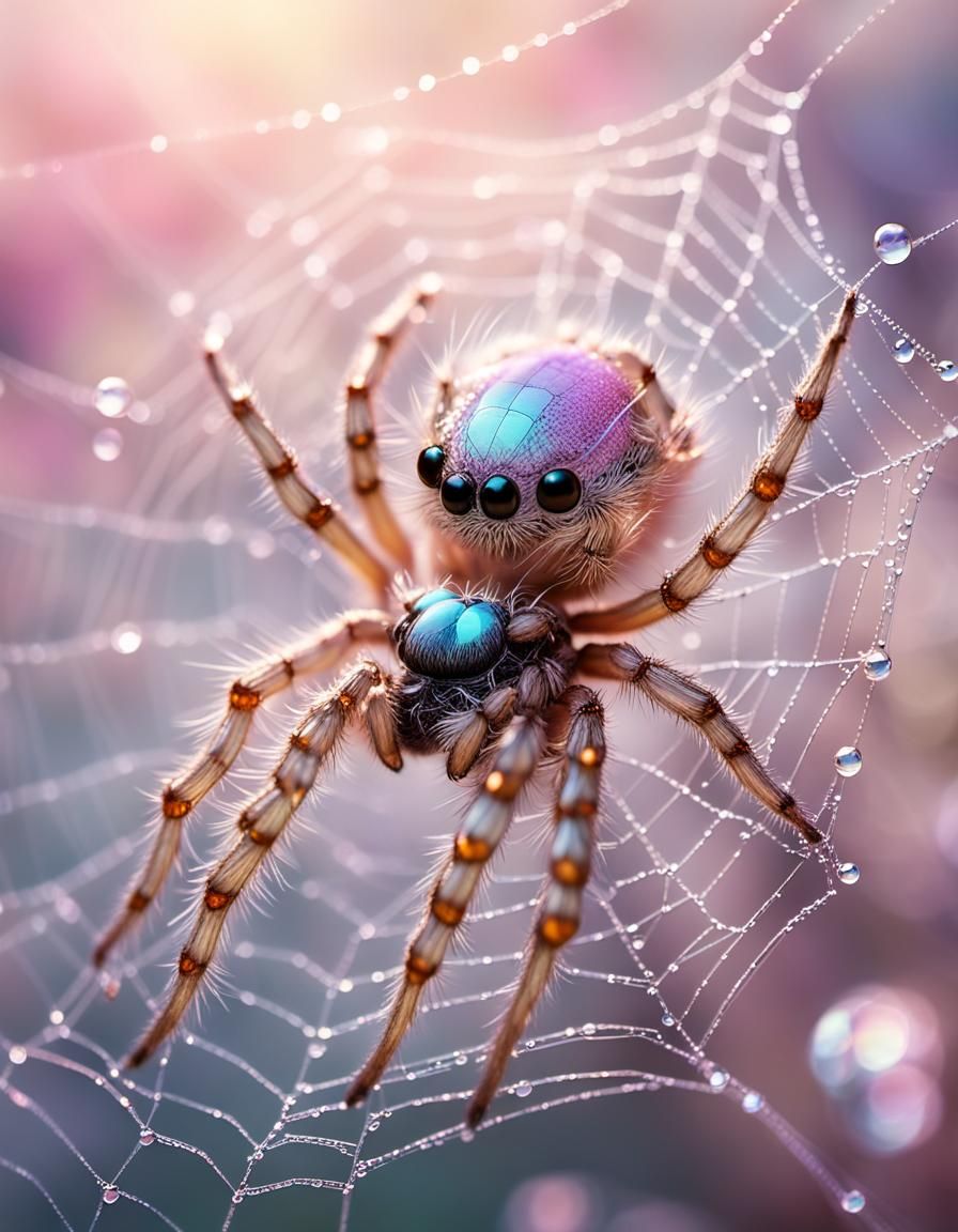 Cute Pink Spider in Dew-Kissed Web