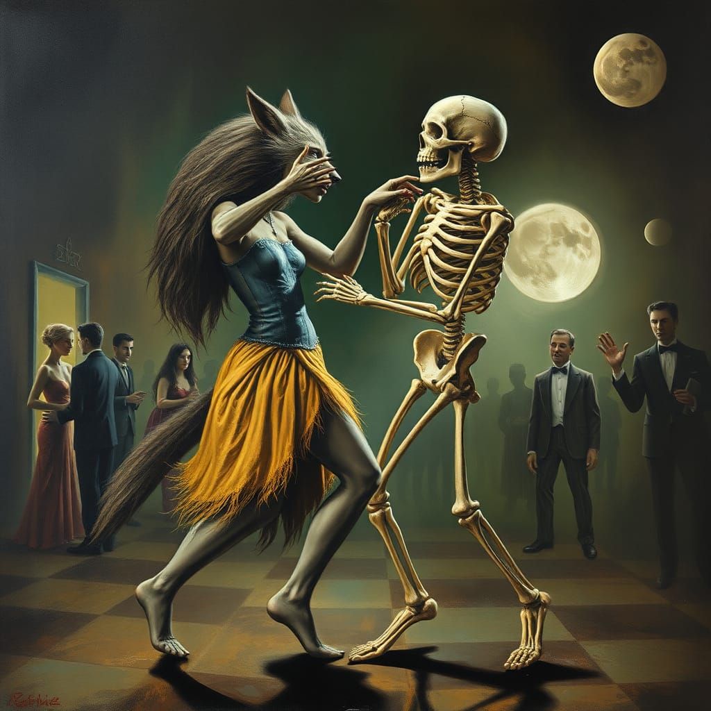 Werewolf and Skeleton Dance in Surreal Style
