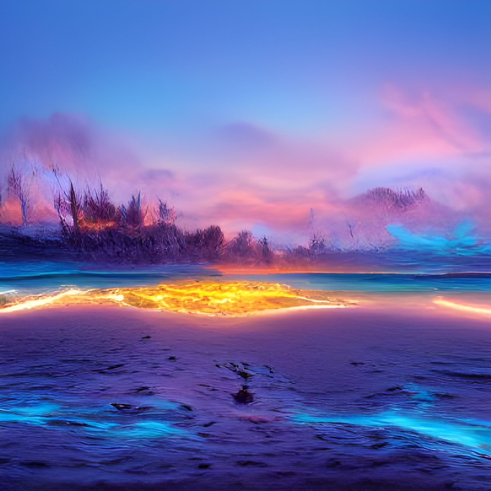 Bioluminescent Beach at Sunset: Detailed Matte Painting