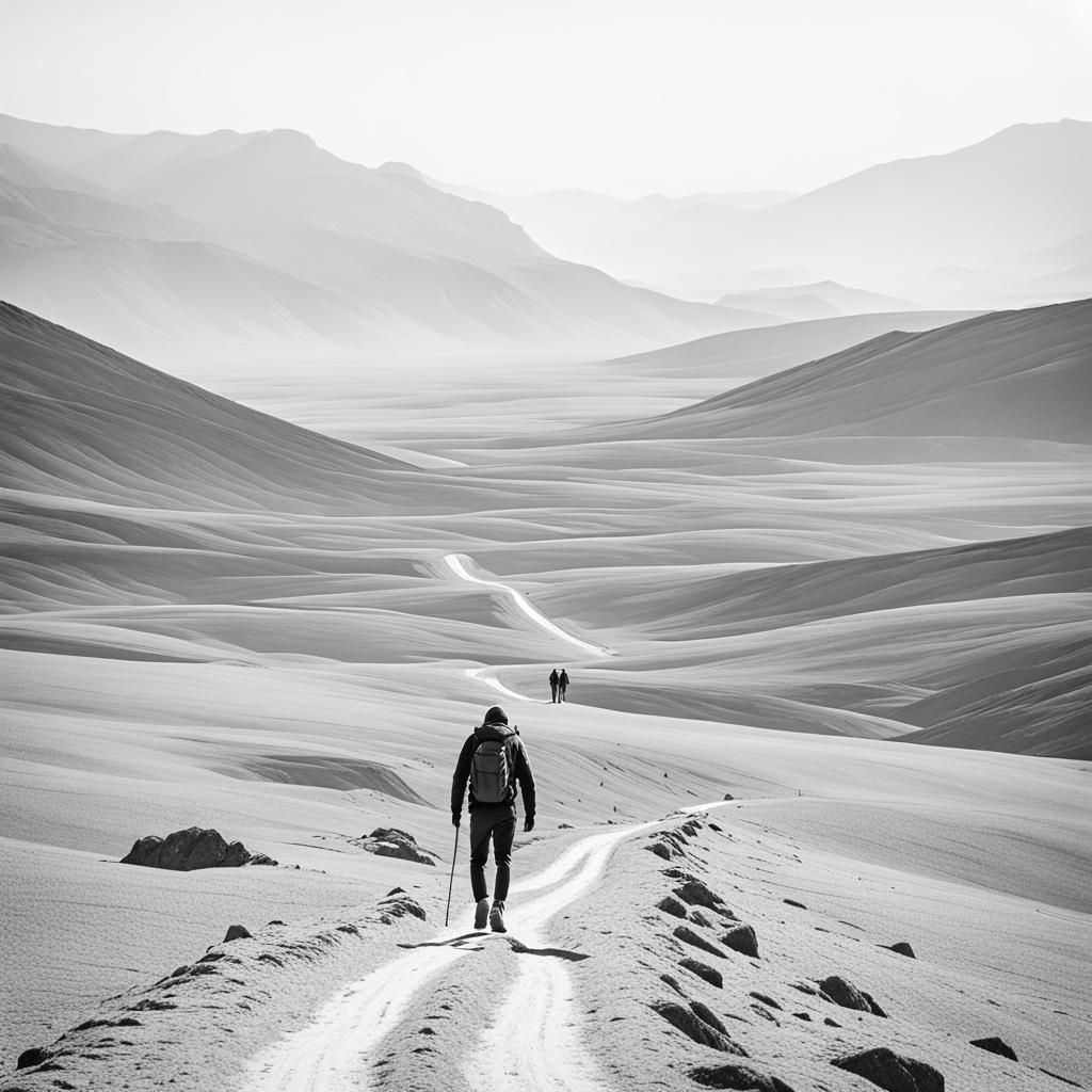 Minimalist Hiker in Monochromatic Landscape