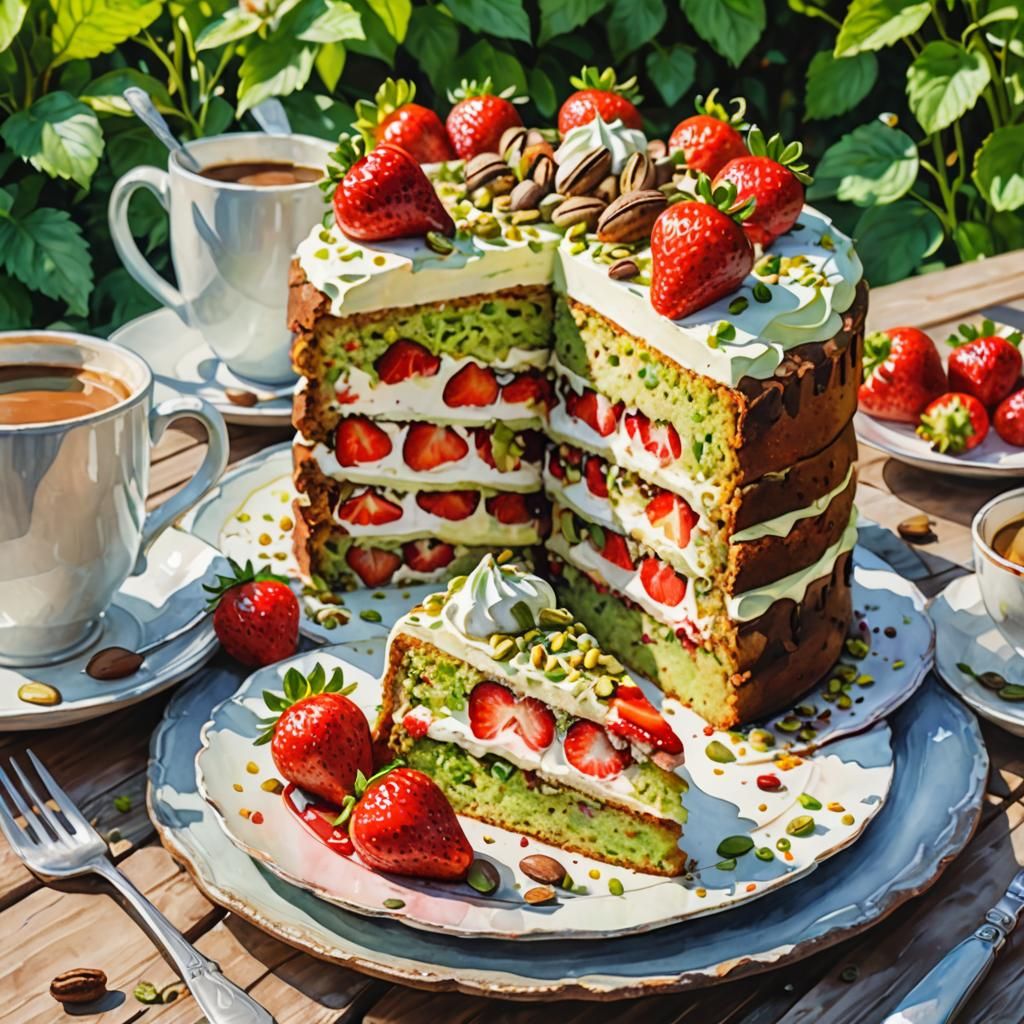 Strawberry Pistachio Cake in Watercolor Style
