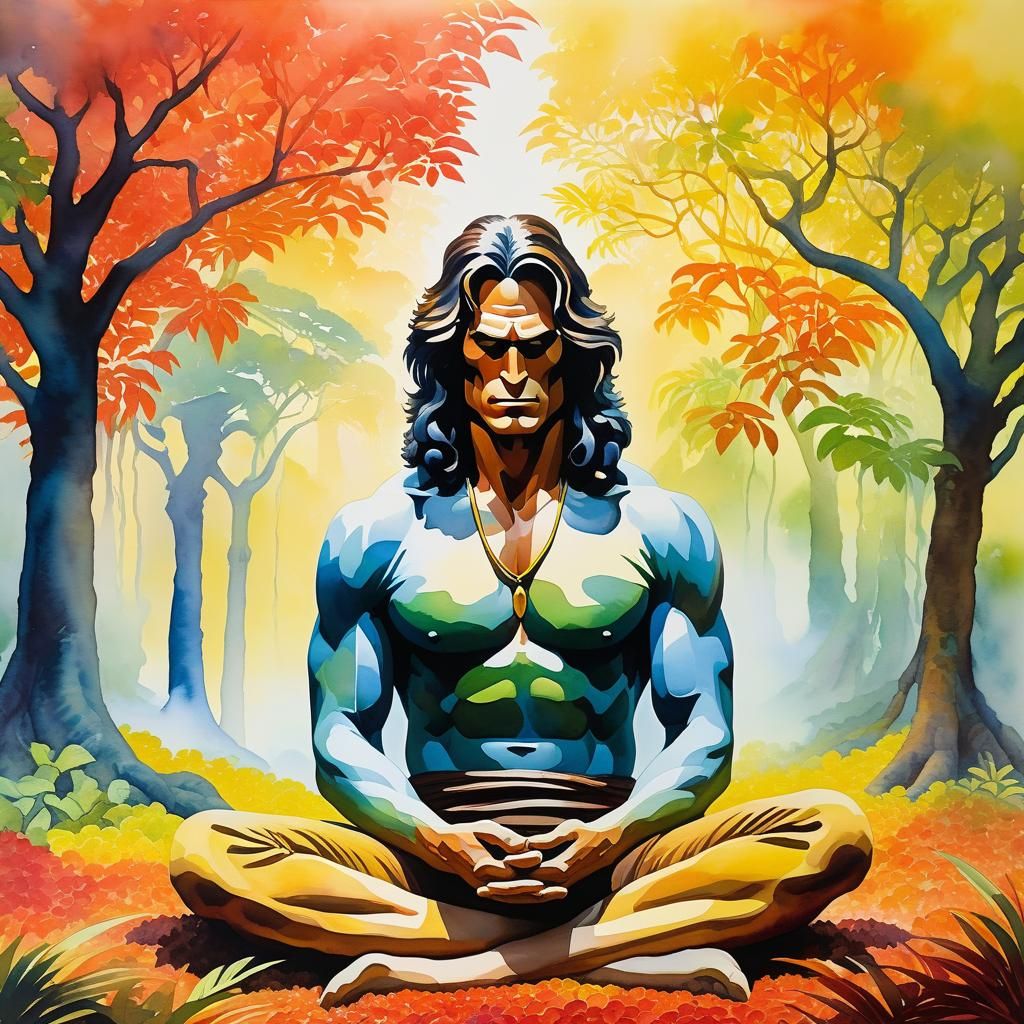 Tarzan's Meditative Rainforest Scene in Watercolor Style