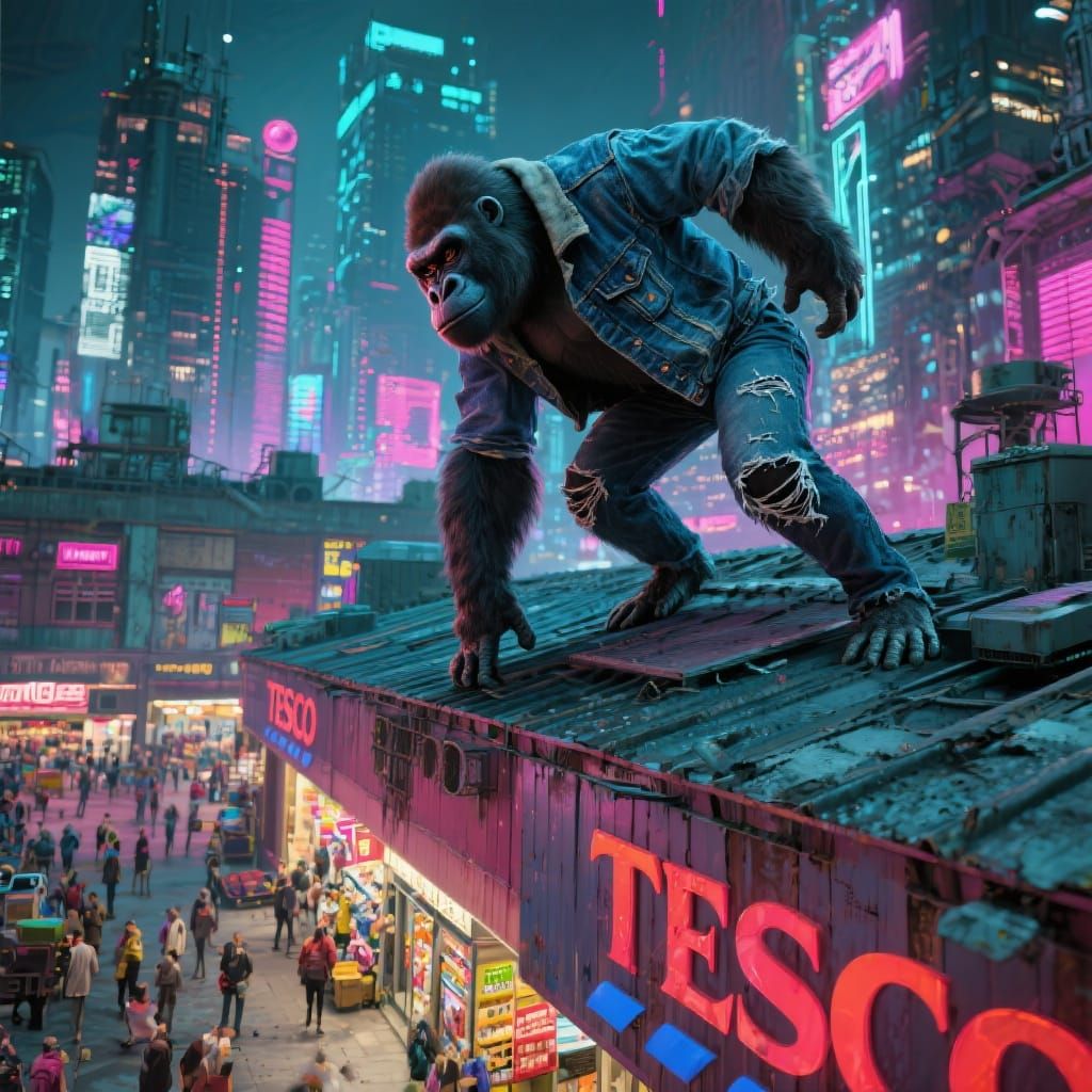 Gorilla Climbs Tesco Roof in Dystopian Art Style