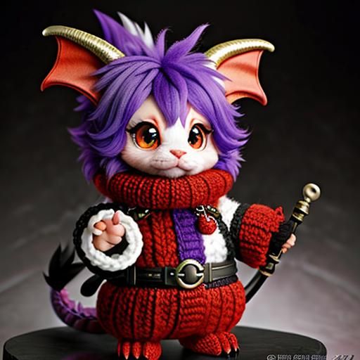 Cute Fluffy Red Baby Dragon with Purple Mohawk