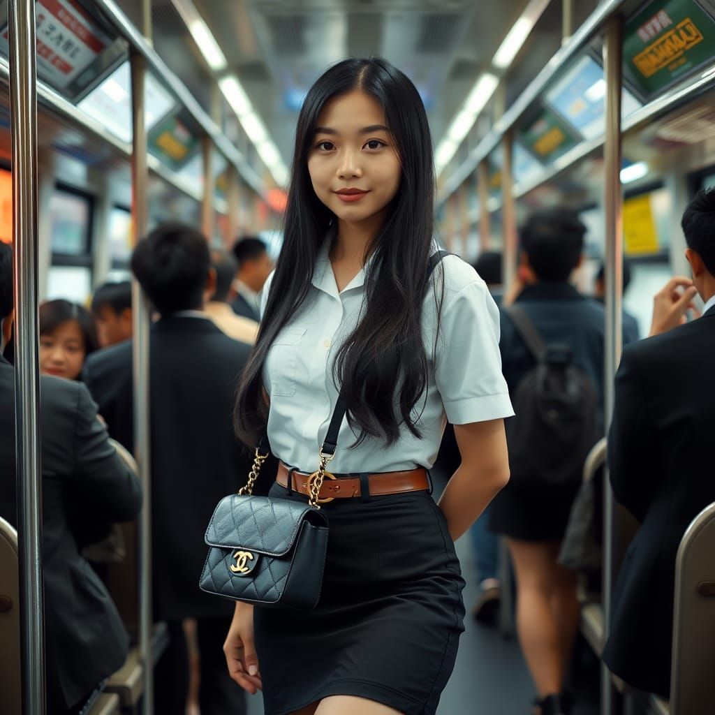 Japanese Woman in School Uniform on Crowded Bus
