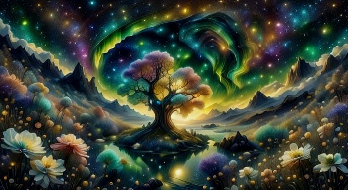 Surreal Midnight Aurora Borealis Landscape in Vibrant Stippl...