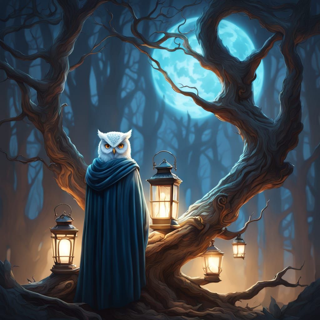 Mysterious Figure in Blue Cloak Holds Lantern in Twilight Fo...