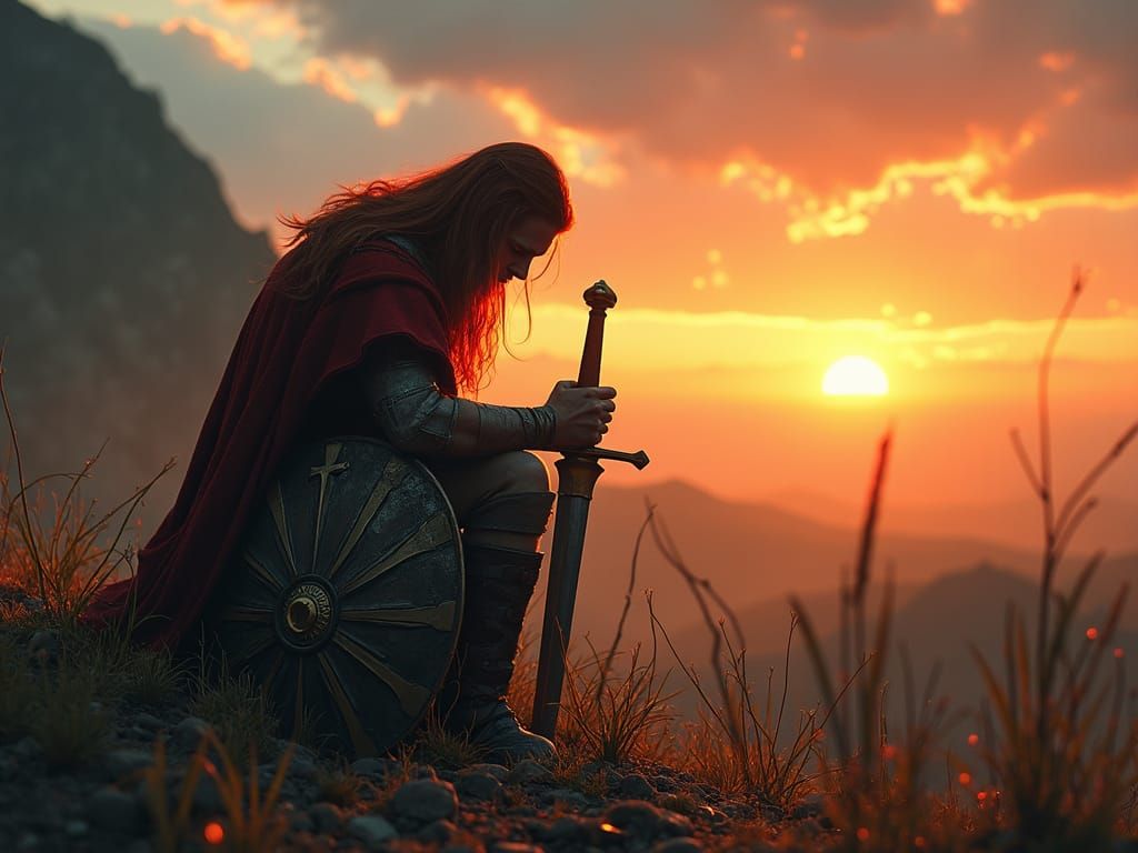Cinematic Highland Warrior in Sunset Meditation