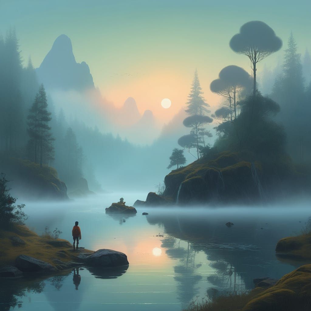 Surreal Misty Lake with Ethereal Waterfalls in Dreamlike Env...