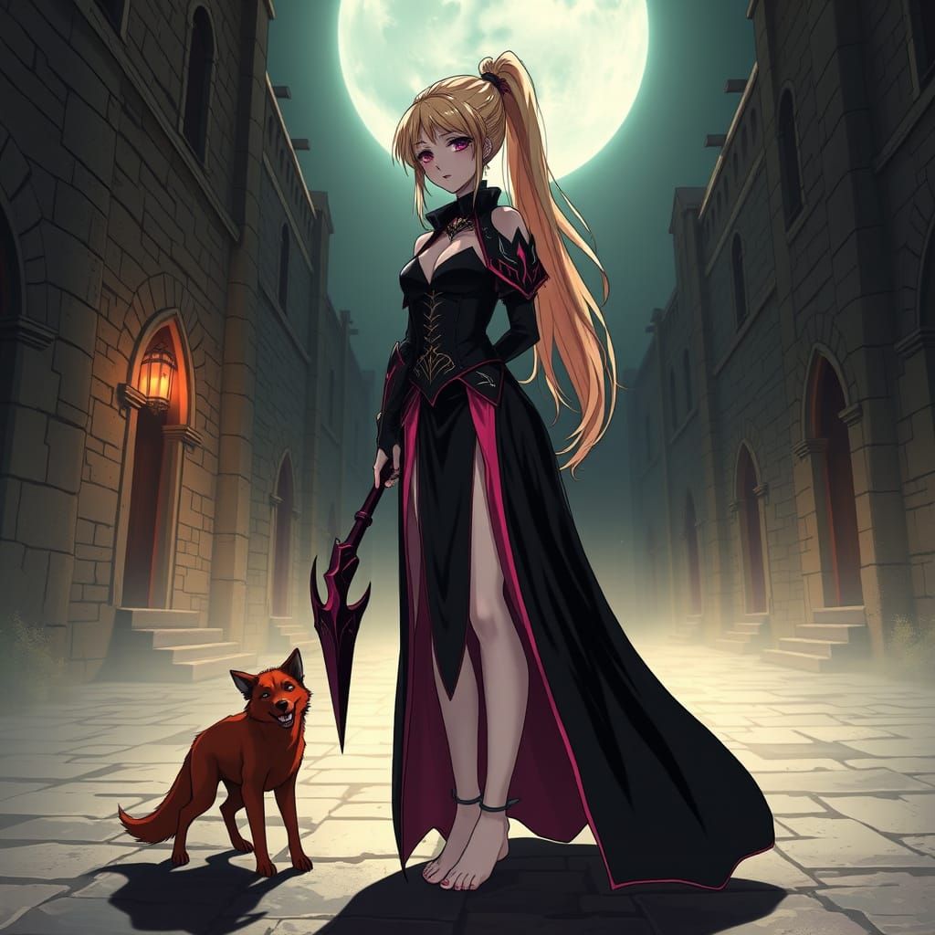 Moonlit Vampire with Wolf Pup in Anime Style